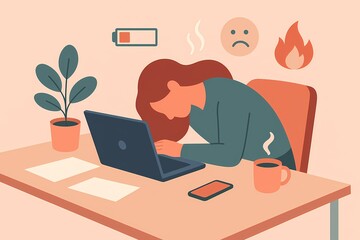 Tired Woman Leaning on Laptop in Soft Tones, Flat Vector Style, AI generated