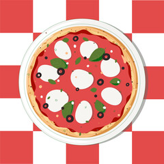 Pizza Margherita on a plate, white and red checkered tablecloth, Italian pizza