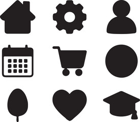 Collection of nine distinct black user interface icons representing common digital functions and elements
