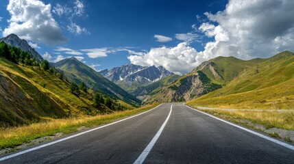 Naklejka premium Scenic mountain highway with an empty road and stunning natural backdrop