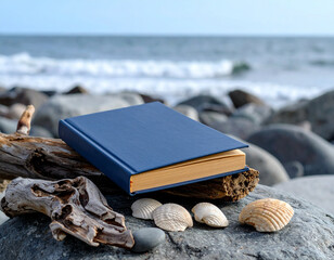 Journal on Rocky Beach with Seashells