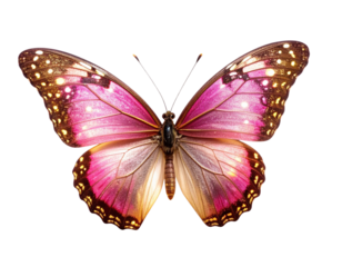 Whimsical Pink and Gold Glitter Butterfly with Outstretched Wings, Isolated on White
