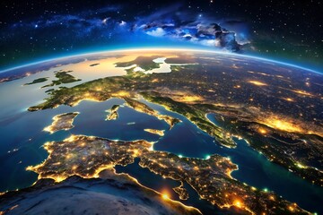 Fototapeta premium Earth at night, showing city lights across europe from space