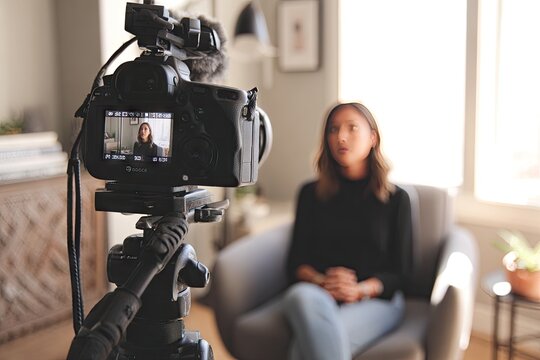 A woman sits in a grey chair, being filmed by a camera on a tripod, in a bright, casually furnished living room