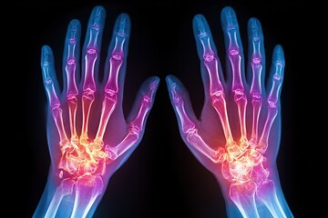 View of hands affected by rheumatoid arthritis showing inflammation and joint damage