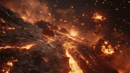 Fiery volcanic landscape in space