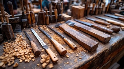 Woodworking tools such as chisels, planes, saws, clamps, and wood pieces styled in workshops or rustic scenes ideal for hands-on craft, carpentry, and DIY content creation