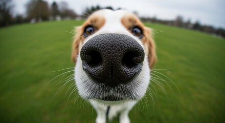 Close-up playful dog nose, wet black nose, happy expression, green park background, fisheye lens effect, adorable pet portrait.