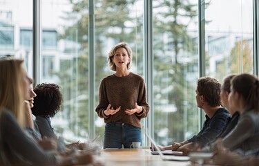 A woman stands presenting to a diverse group of attentive colleagues seated around a large table in a modern, bright office with large windows offering a view of trees and buildings