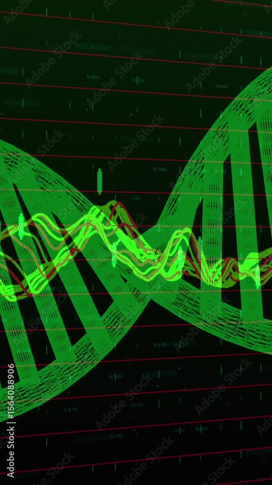 Poster animation of zigzag lines over string of data processing on black background