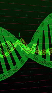 Animation of zigzag lines over string of data processing on black background
