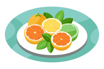 Citrus Fruit Tray Vector with Mint Leaves and Slices