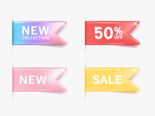 New tag ribbon and banner Holographic stickers. Hologram labels of different shapes. Colored gradient shiny emblems, label. Vector illustration premium.