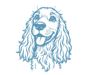 Stylized Cocker Spaniel Head Illustration in Light Blue on White Background