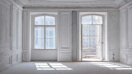 Fototapeta premium White-walled room under renovation featuring windows and an opening for a faux window