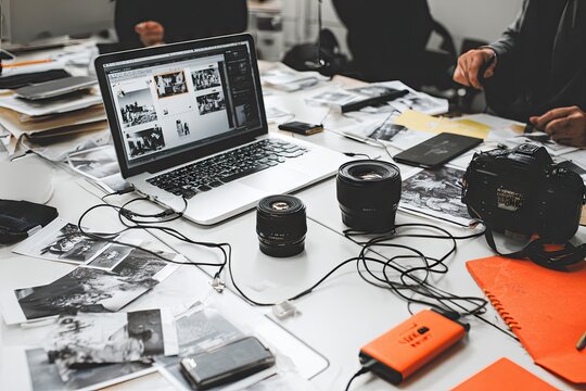 A cluttered workspace with a laptop displaying photo editing software, camera equipment, and scattered printouts