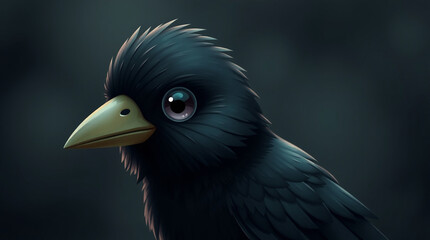 Fototapeta premium A charming, adorable crow depicted in a moody style with low contrast, showcasing cute and endearing facial features