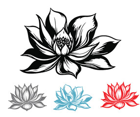 Elegant Lotus Flower Illustrations in Black Gray Blue and Red on White