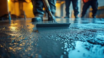 Workers using trowels concrete surface, detailed close-up smoothing process, freshly poured cement floor, precision finishing, foundation slab in structural development