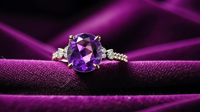 Elegant purple amethyst ring on velvet. Gemstone jewelry, luxury, beauty.