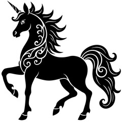 Obraz premium Elegant rearing unicorn with floral ornaments silhouette vector illustration