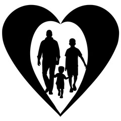 Father with children inside a heart shape silhouette vector illustration
