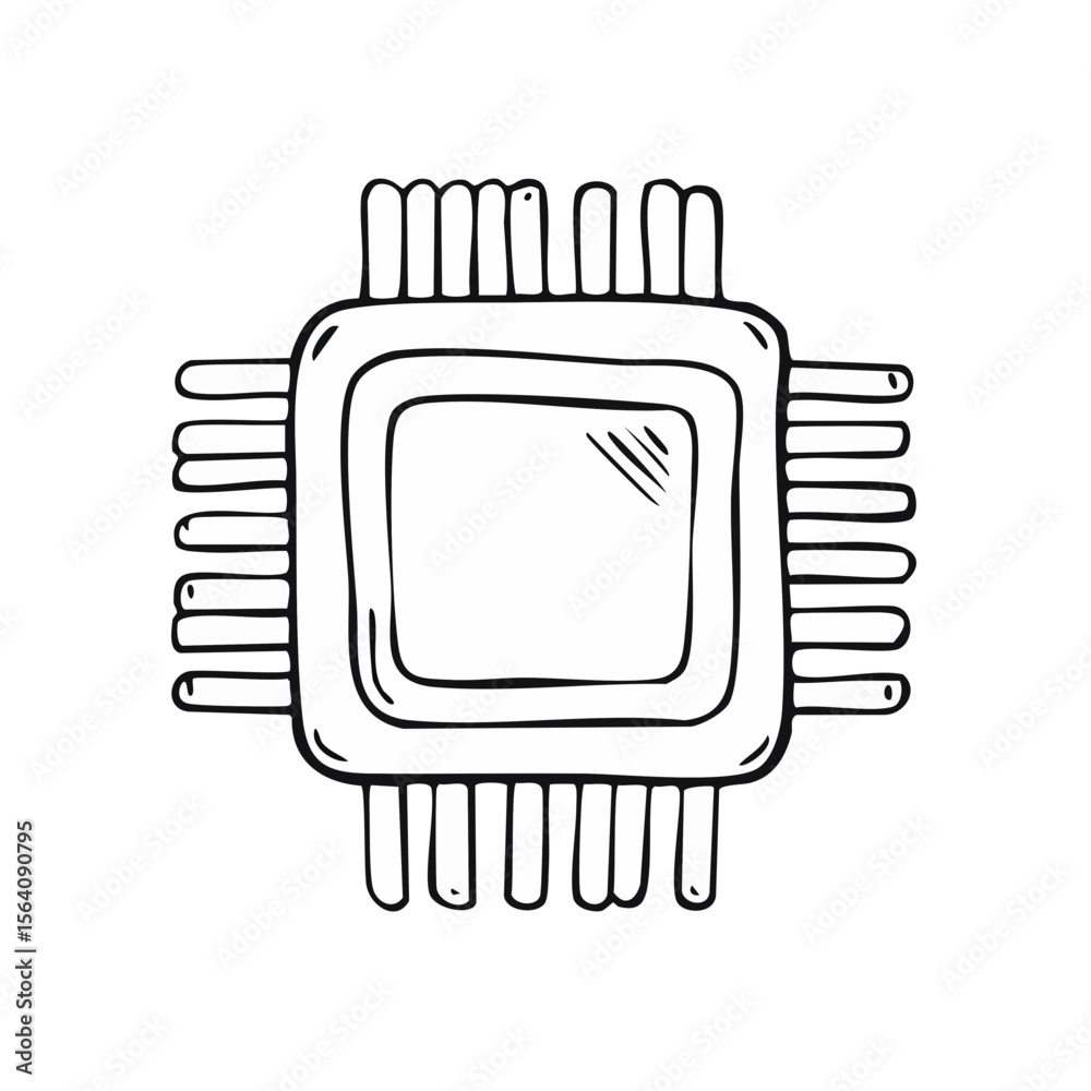 Fototapete Doodle style microchip illustration for electronic technology and computer hardware design concepts on a black background