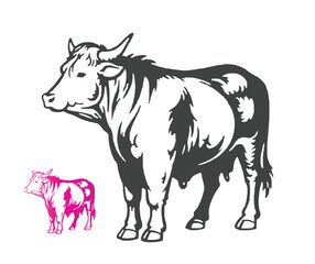 Monochrome Cow Illustration with a Smaller Pink Cow on White Background