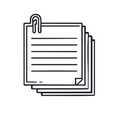 Stack of lined paper sheets with paperclip, vector illustration, black and white office supplies.