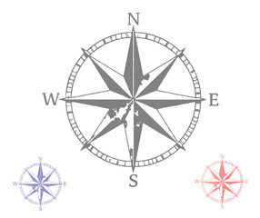 Compass Rose Illustration with Directional Letters and Smaller Colored Versions on White