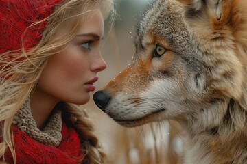 Close encounter between a young woman and a wolf in a natural setting during winter