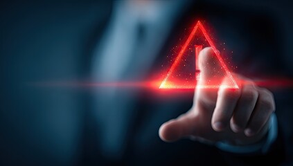 A person in a suit interacts with a glowing red triangular warning symbol, seemingly digitally projected, using a single fingertip