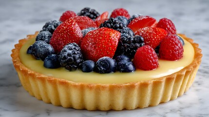 Close up of a fruit tart with strawberries blueberries raspberries and blackberries