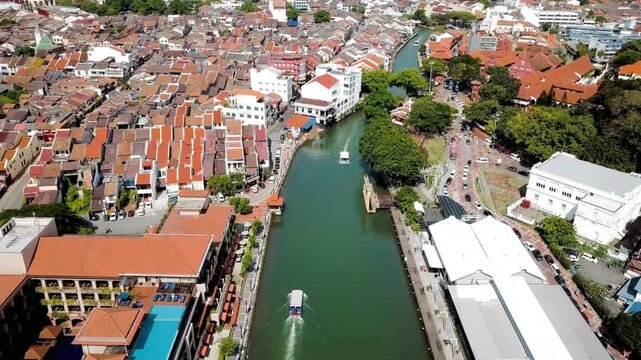 An aerial view shows the malacca river flowing through the city
