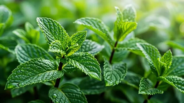 Fresh green mint leaves close up. Aromatic herb used in cooking and for tea.