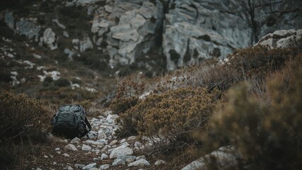Outdoor adventure beckons with a backpack resting on a rocky mountain trail, offering a glimpse into exploration and the rugged beauty of nature.