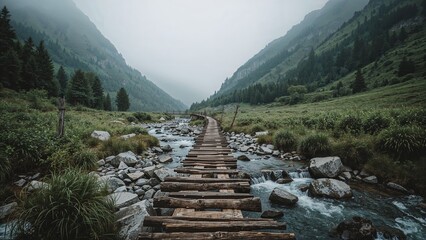 Rustic wooden bridge crosses a scenic mountain stream in a misty valley, perfect for hiking and exploring nature trails in the great outdoors.