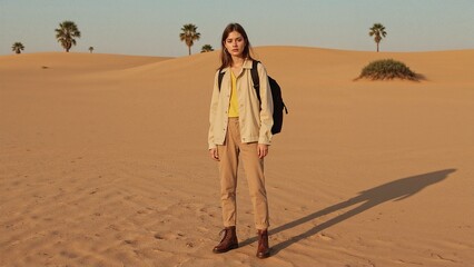 A young woman stands in the desert landscape with sand dunes and palm trees, enjoying the beauty and tranquility of the arid scenery.