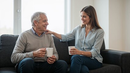 A senior man and a young woman enjoy a quiet moment together on the sofa, sharing coffee and affection in a bright, modern home