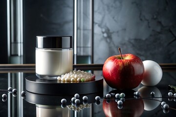 An apple and skincare cream jar on a reflective black surface