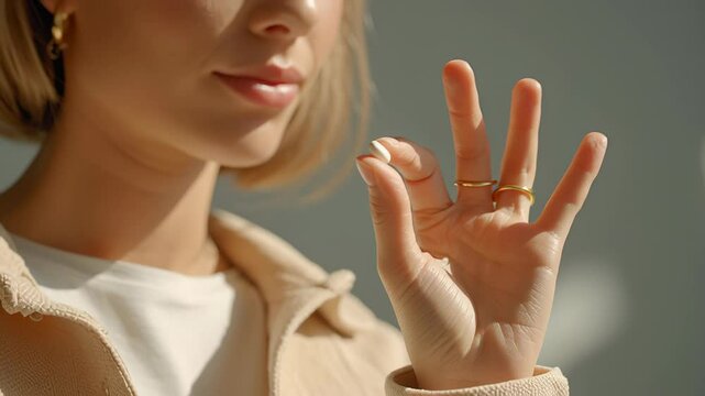 Woman holds pill between fingers soft light symbolizing progesterone therapy for health and wellness support with hand close up natural light