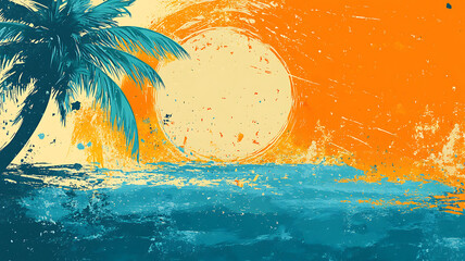 Tropical sunset vector illustration with palm tree silhouette and grunge texture ideal for summer vacation designs and travel industry