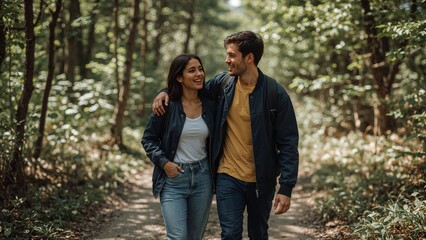 Young couple enjoying a leisurely walk through a lush green forest, embracing nature and each other on a sunlit path.