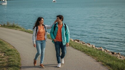 Young couple enjoys a scenic walk along the lakeside pathway during a sunny day, sharing smiles and connection outdoors.