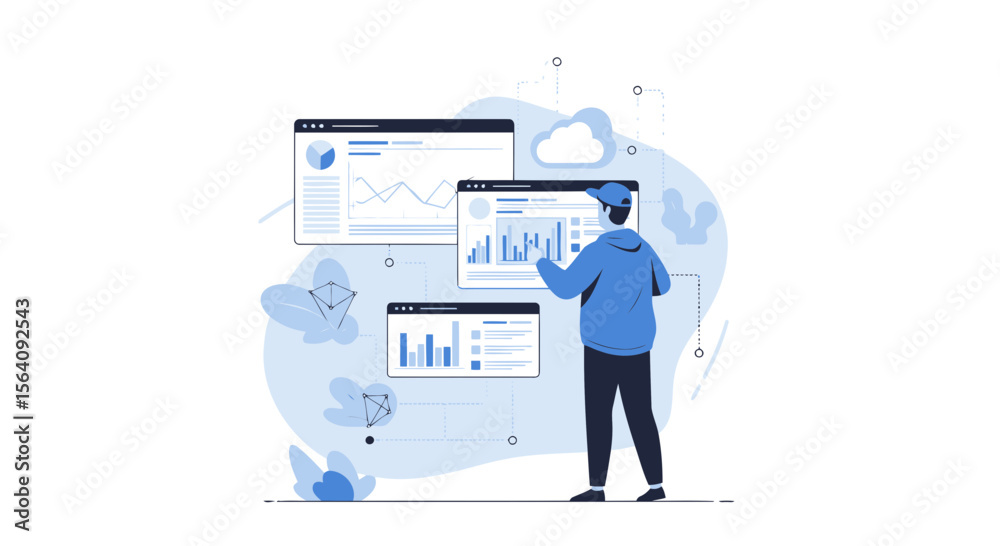 Poster analyzing data visualizations on multiple screens for business intelligence solutions
