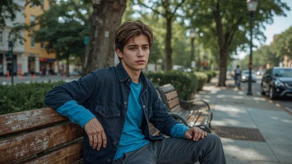 Thoughtful young man relaxing on a park bench amidst lush greenery in an urban setting, contemplating his future on a sunny afternoon.
