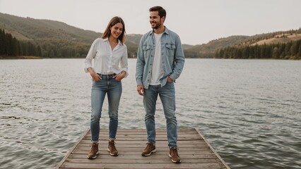 Smiling couple enjoys a serene moment on a wooden dock overlooking a calm lake surrounded by wooded hills during a peaceful day.