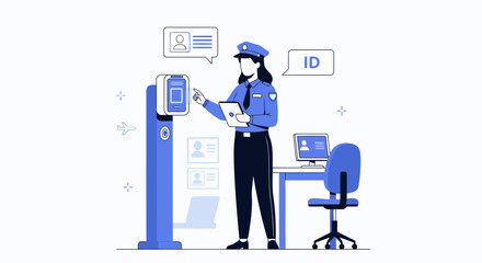Automated Security Checkpoint At The Airport With Policewoman Verifying Identity