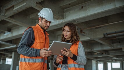 Two construction workers review plans on a tablet at a construction site, collaborating to ensure successful project completion.