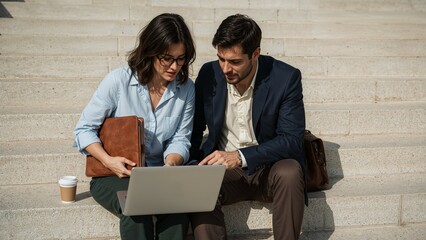 Professional colleagues collaborate on a laptop while seated on steps outdoors, brainstorming ideas and working together effectively during the day.